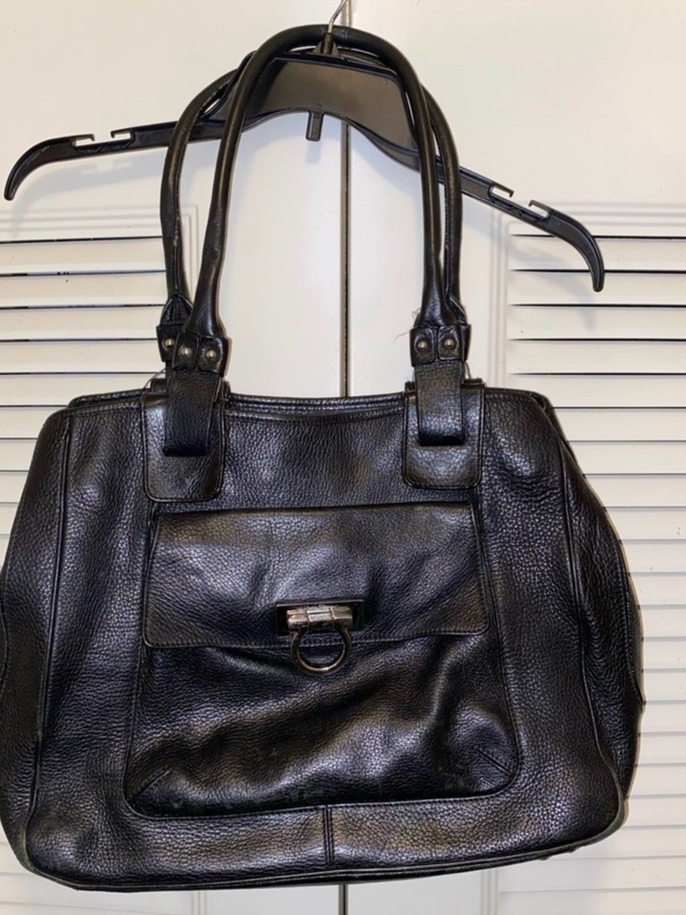 Salvatore Ferragamo Black Leather Shoulder Bag with Front Flap and Ring Detail